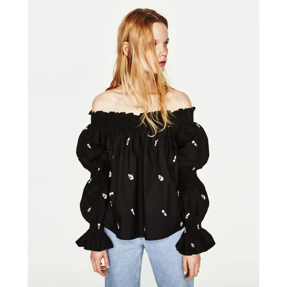 Zara Off Shoulder Embroidered Peasant Blouse Top Black Boho Romantic Size S